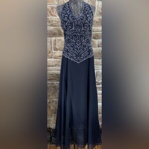 J Kara Navy Silver Maxi chiffon Dress retail $189 Beaded V neck NEW size 10